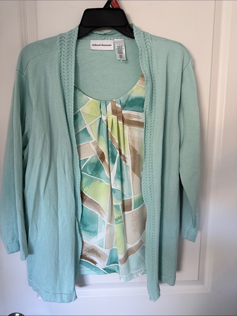 Alfred Dunner Seafoam Layered Open-Front Cardigan with Printed Shell